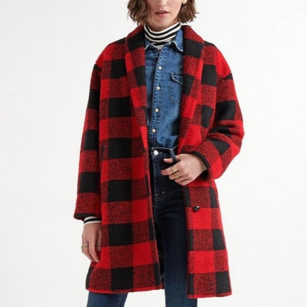 Lucky Brand Red and Black Buffalo Plaid Oversized Check Coat Size Small